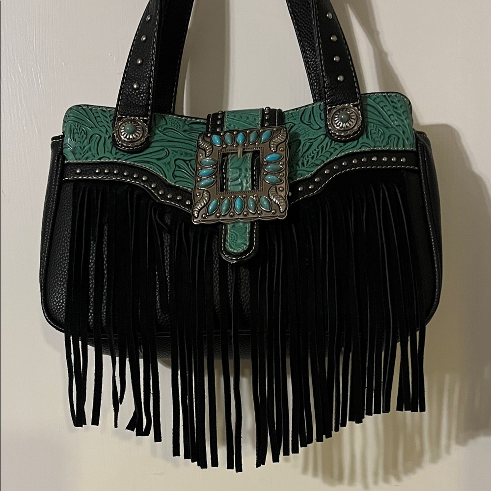 Black and Turquoise Fringe Handbag